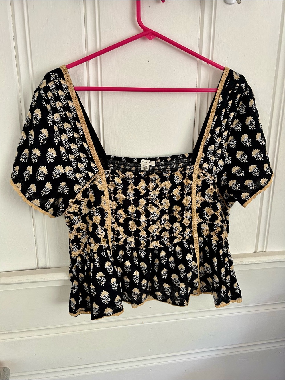 American Eagle Black Floral Embroidered Babydoll Top L